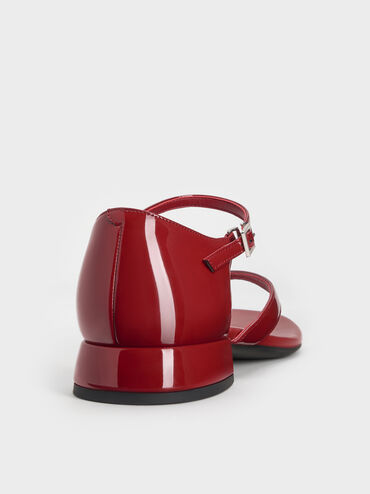 Patent Block-Heel Ankle-Strap Thong Sandals, Red, hi-res
