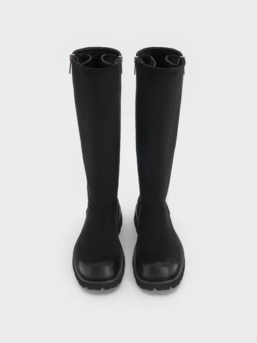 Rosamond Faux Suede Side-Zip Ridged-Sole Knee-High Boots, Black Textured, hi-res