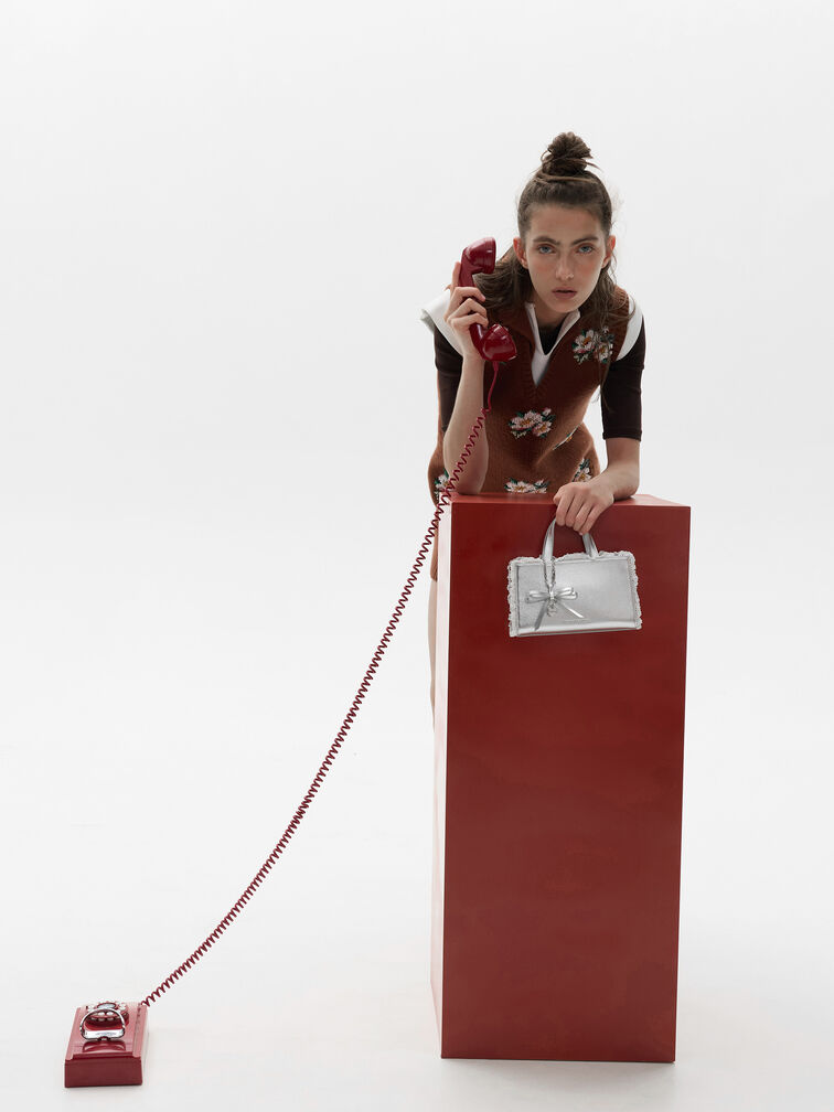 Raina Metallic Lace-Trim Tote Bag, Silver, hi-res