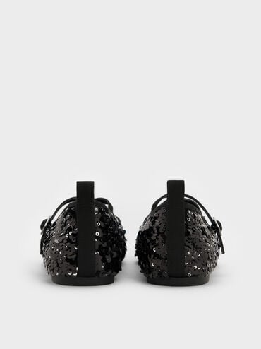 Sequinned Crossover Mary Jane Flats, Black Textured, hi-res