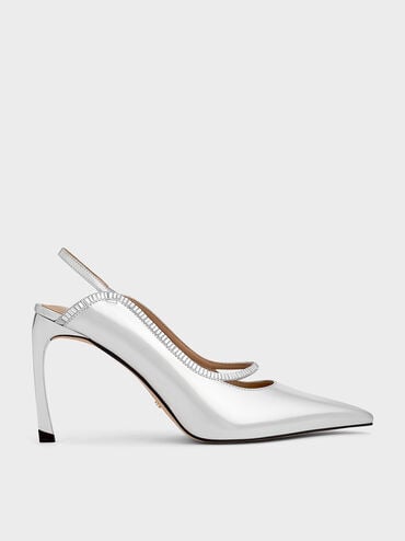 Leather & Satin Crystal-Embellished Pointed-Toe Slingback Pumps, Silver, hi-res