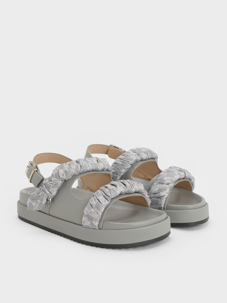 Tully Leather Ruched-Strap Sandals, Grey Tully Leather Ruched-Strap Sandals, Grey, hi-res