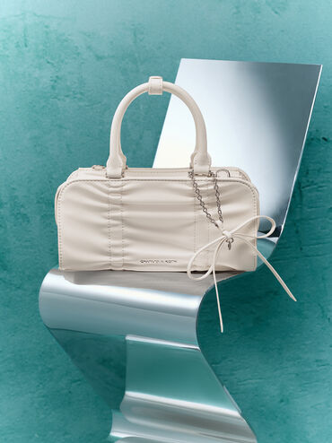 Kadee Ruched Bow-Charm Bowling Bag, Cream, hi-res