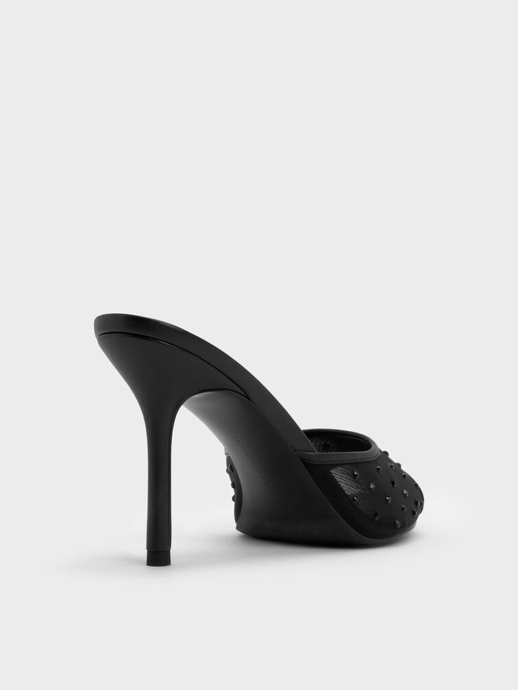Mesh Crystal Peep-Toe Heeled Mules, Black Textured, hi-res