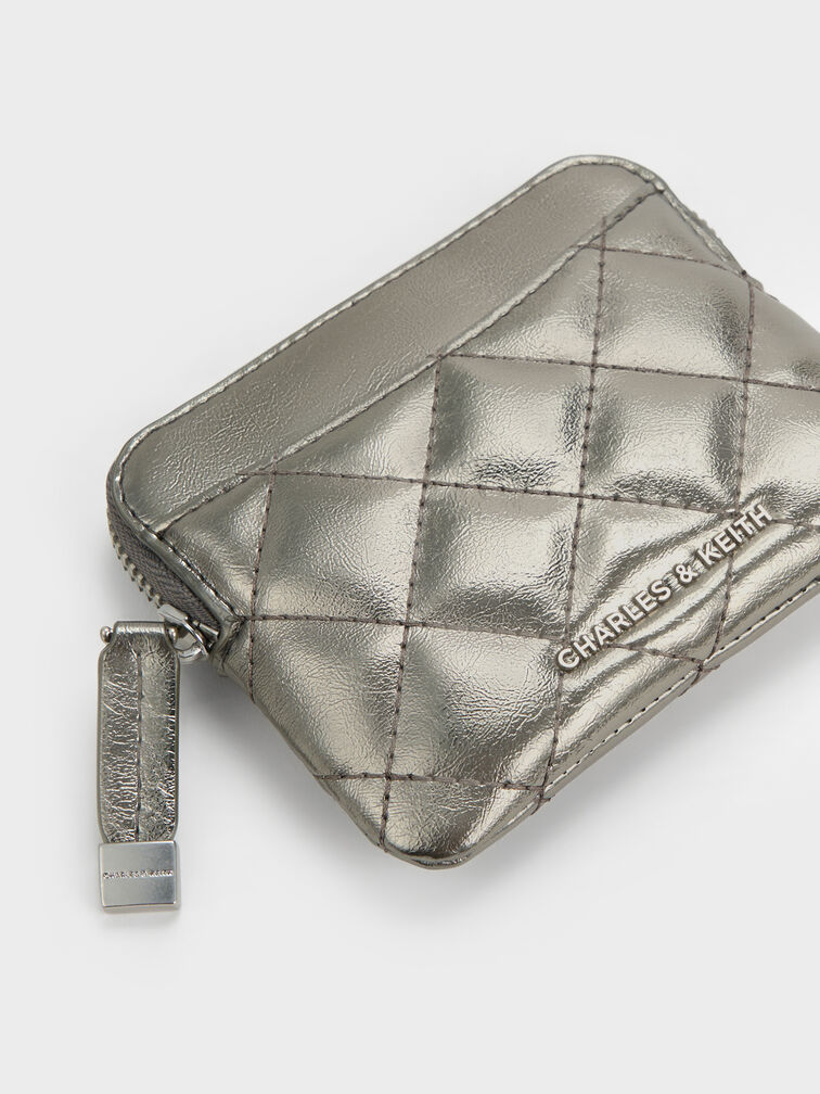 Alva Metallic Quilted Top-Zip Card Holder, Pewter, hi-res