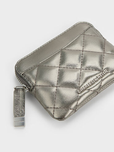 Alva Metallic Quilted Top-Zip Card Holder, Pewter, hi-res