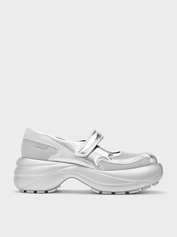 Metallic Curved Platform Mary Jane Sneakers, Silver, hi-res
