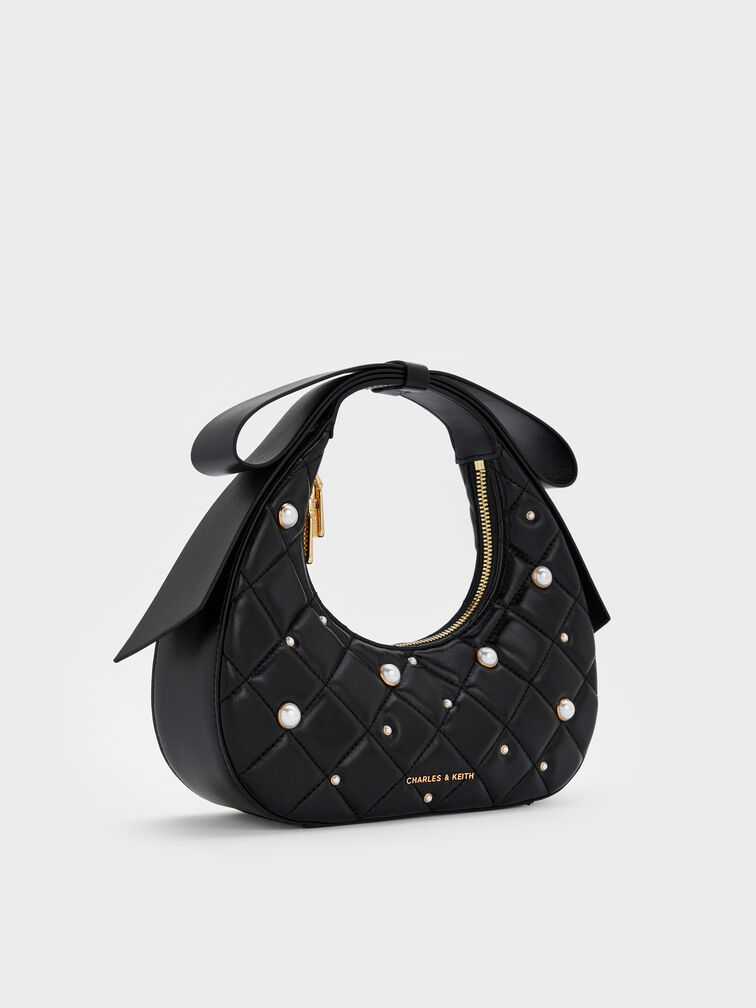 Janie Quilted Pearl-Embellished Bow-Handle Crescent Bag, Black, hi-res