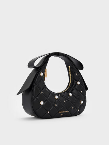 Janie Quilted Pearl-Embellished Bow-Handle Crescent Bag, Black, hi-res