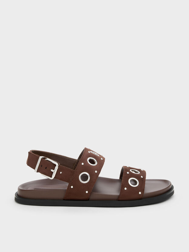 Faux Suede Grommet Slingback Sandals, Dark Brown Textured, hi-res