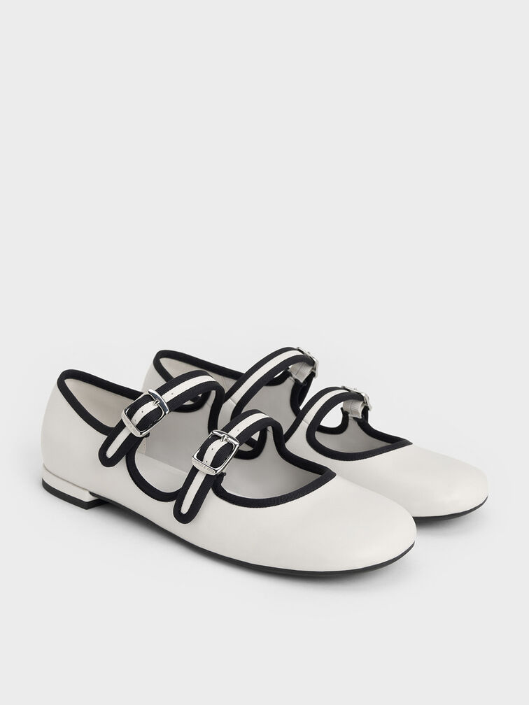 Two-Tone Double-Strap Mary Jane Flats, White, hi-res