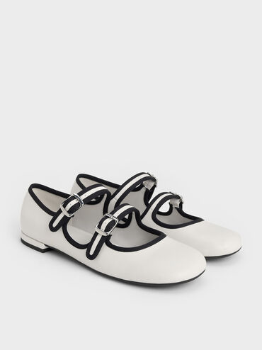 Two-Tone Double-Strap Mary Jane Flats, White, hi-res