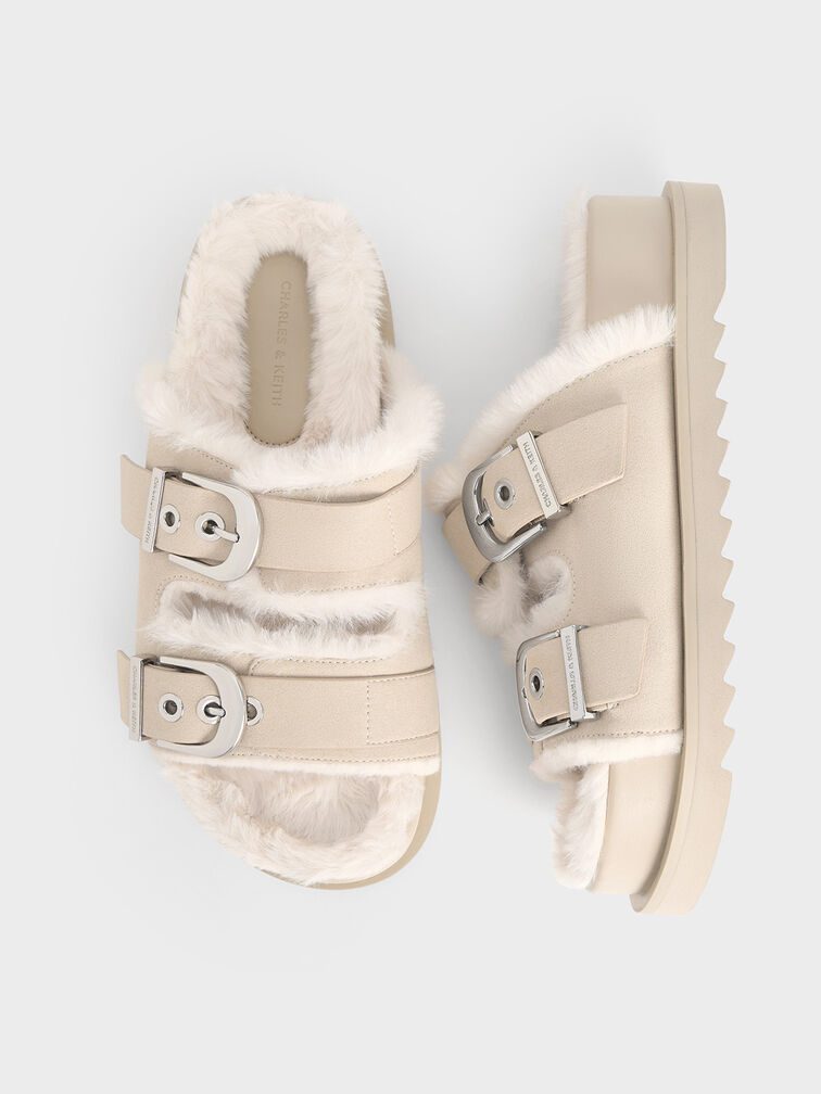 Hannah Furry Buckled Double-Strap Sandals, Beige, hi-res
