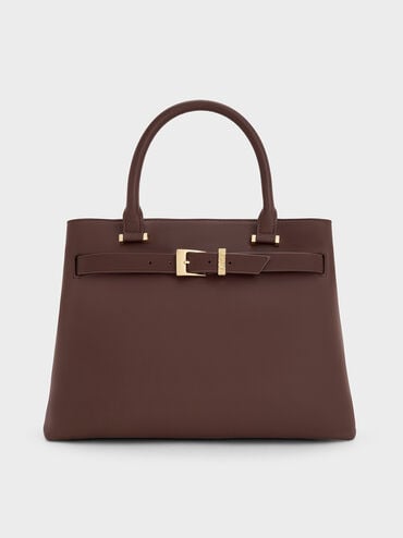 Voyager Leather Belted Trapeze Tote Bag, Dark Brown, hi-res
