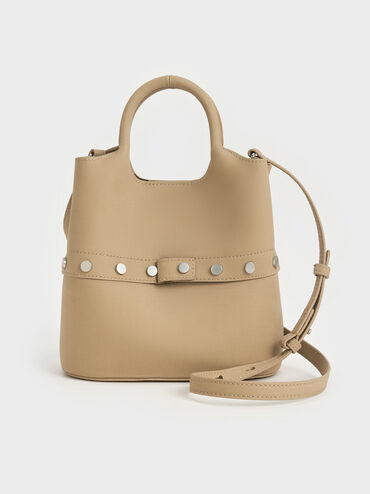 Bobbie Twill Studded Convertible Two-Way Bucket Bag, Toasted Sand, hi-res