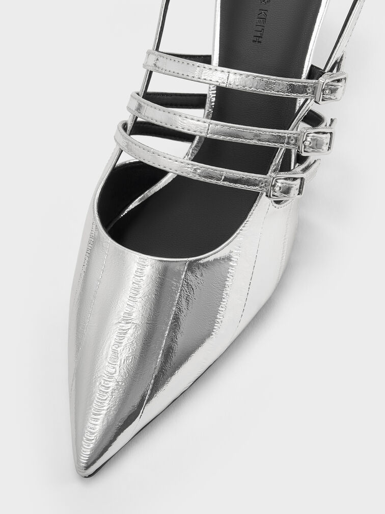 Metallic Triple-Strap Pointed-Toe Kitten-Heel Slingback Pumps, Silver, hi-res