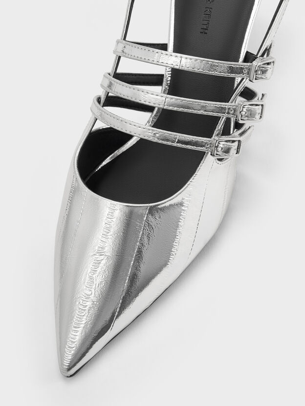 Metallic Triple-Strap Slingback Kitten Heels, Silver, hi-res
