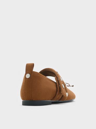 Gael Faux Suede Studded Crossover-Strap Bow Mary Janes, Brown, hi-res