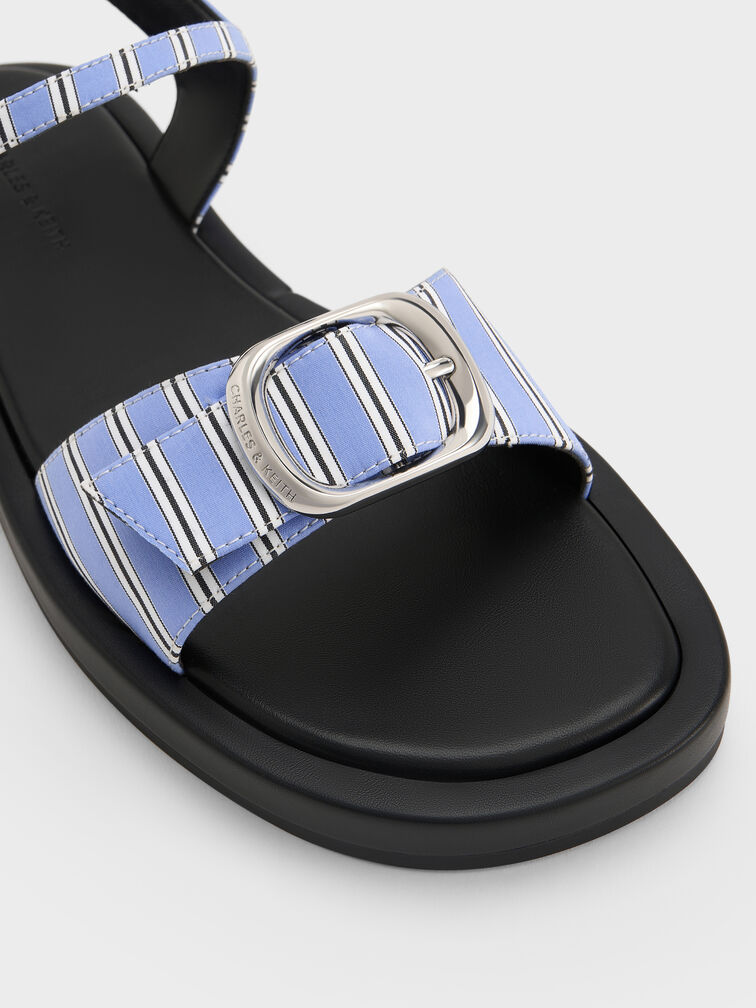 Striped Buckled Slingback Sandals, Blue, hi-res