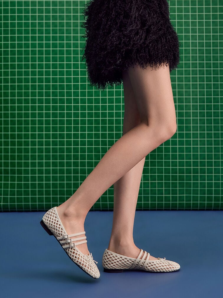Woven Triple-Strap Mary Janes, Chalk, hi-res