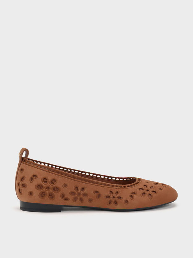 Leather Embroidered Ballet Flats, Cognac, hi-res