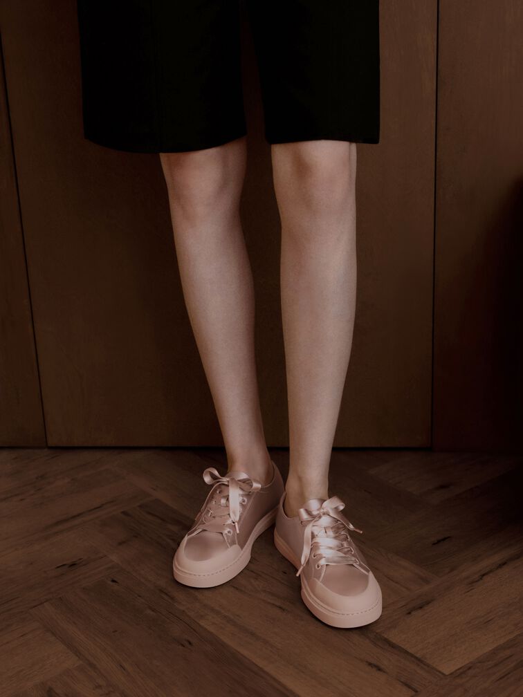 Satin Lace-Up Sneakers, Light Pink, hi-res