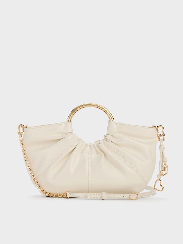 Ciara Ruched Metal Top Handle Bag, Cream, hi-res