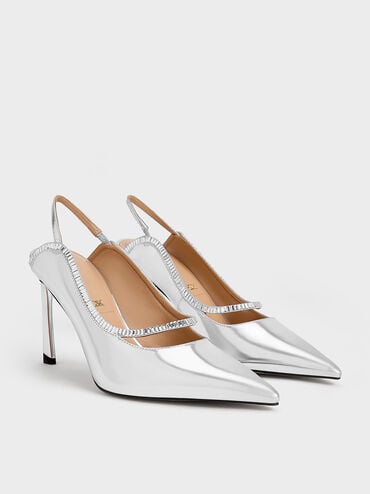 Leather & Satin Crystal-Embellished Pointed-Toe Slingback Pumps, Silver, hi-res