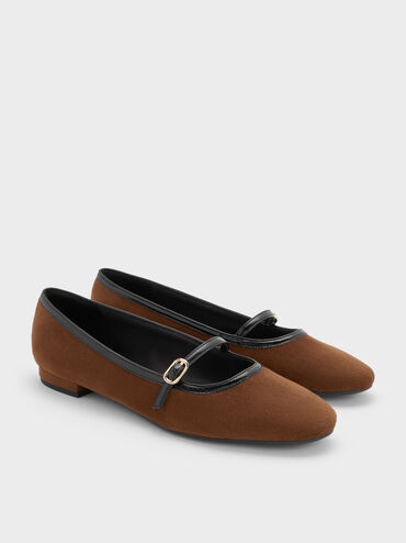 Faux Suede Contrast-Trim Buckle-Strap Mary Janes, Brown, hi-res