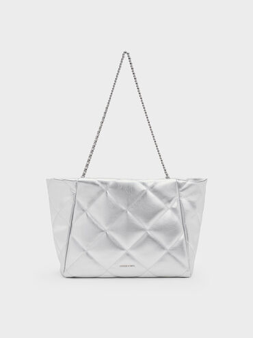 Apfra Metallic Quilted Chain-Handle Tote Bag, Silver, hi-res