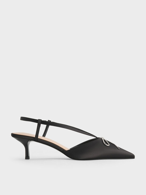 Crystal-Bow Kitten-Heel Slingback Pumps, Black Textured, hi-res