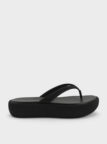 Satin Thong Flatform Sandals, Black Textured, hi-res