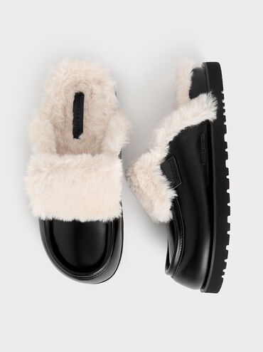 Fur-Trim Flatform Mules, Black, hi-res