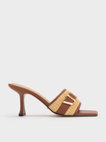 Whitney Leather & Raffia Buckled Heeled Mules, Brown, hi-res