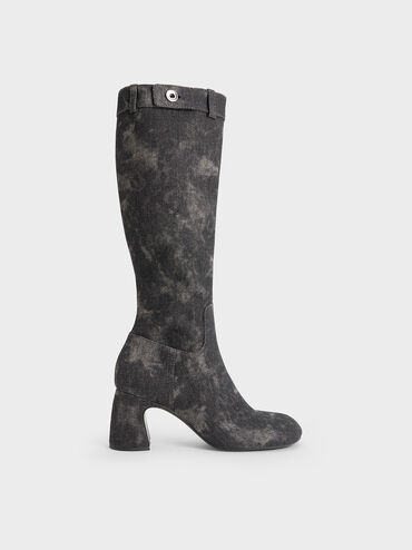 Denim Block-Heel Knee-High Biker Boots, Dark Grey, hi-res