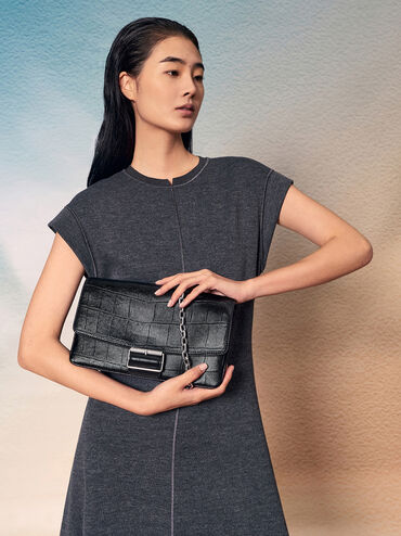 Liv Croc-Effect Grommet Chain-Handle Shoulder Bag, Noir, hi-res