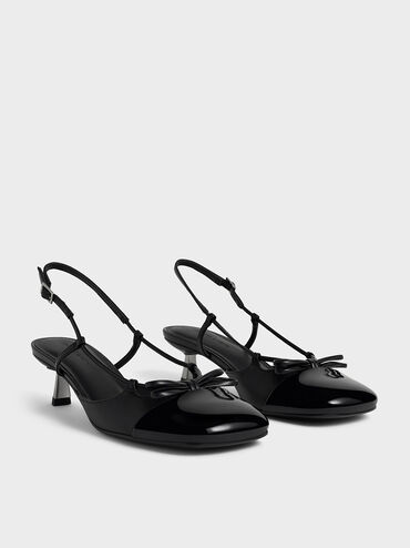 Patent Cap-Toe Bow Slingback Pumps, Black Patent, hi-res
