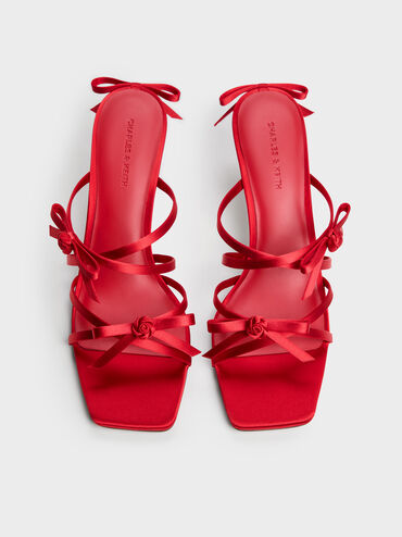 Kelis Rose-Bow Strappy Heeled Mules, Red, hi-res