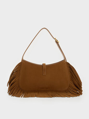 Cesia Recycled Suede Fringed Hobo Bag, Sienna Brown, hi-res
