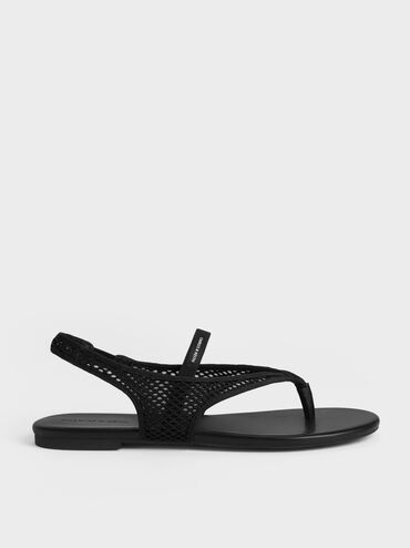 Ellory Mesh Thong Slingback Sandals, Black Textured, hi-res