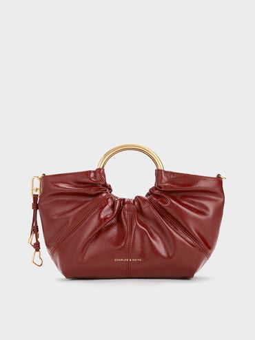 Ciara Ruched Metal Top Handle Bag, Burgundy, hi-res