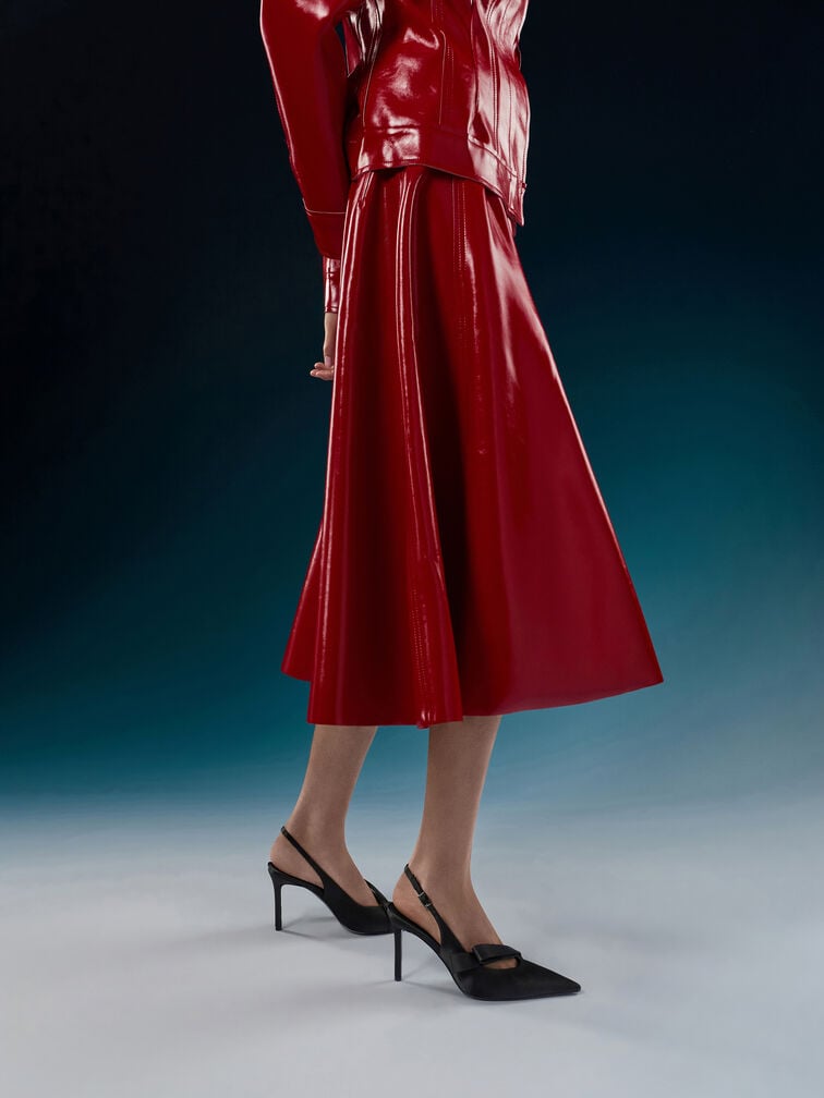 Satin Pleated-Strap Slingback Pumps, Black Textured, hi-res