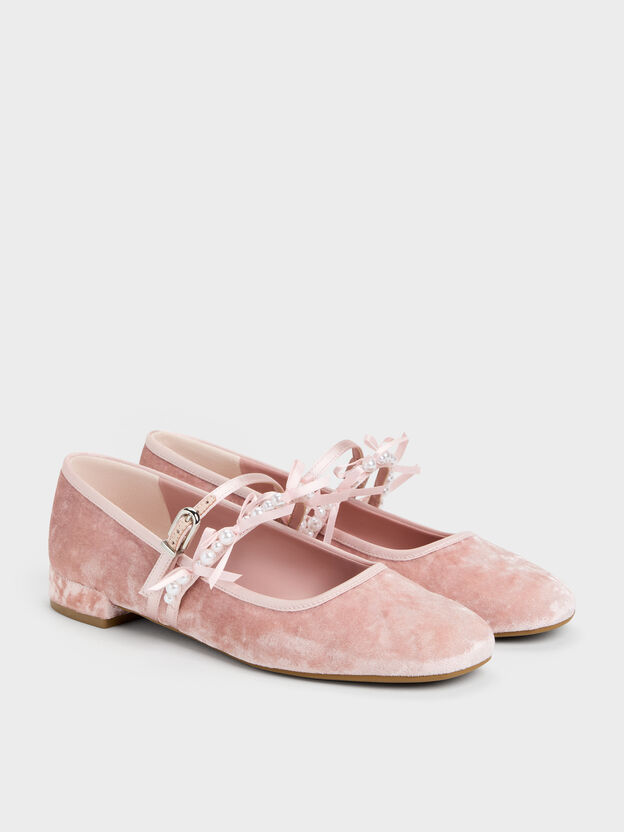 Noelie Velvet & Satin Pearl-Bow Mary Janes, Pink, hi-res