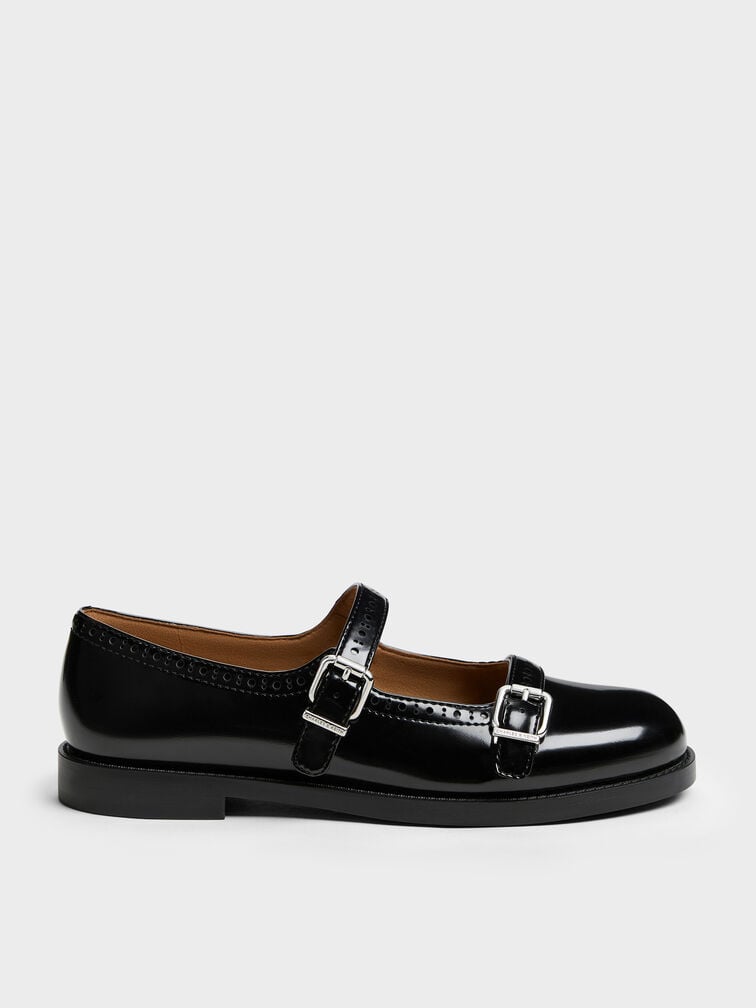 Double-Strap Brogue Mary Janes, Black Box, hi-res