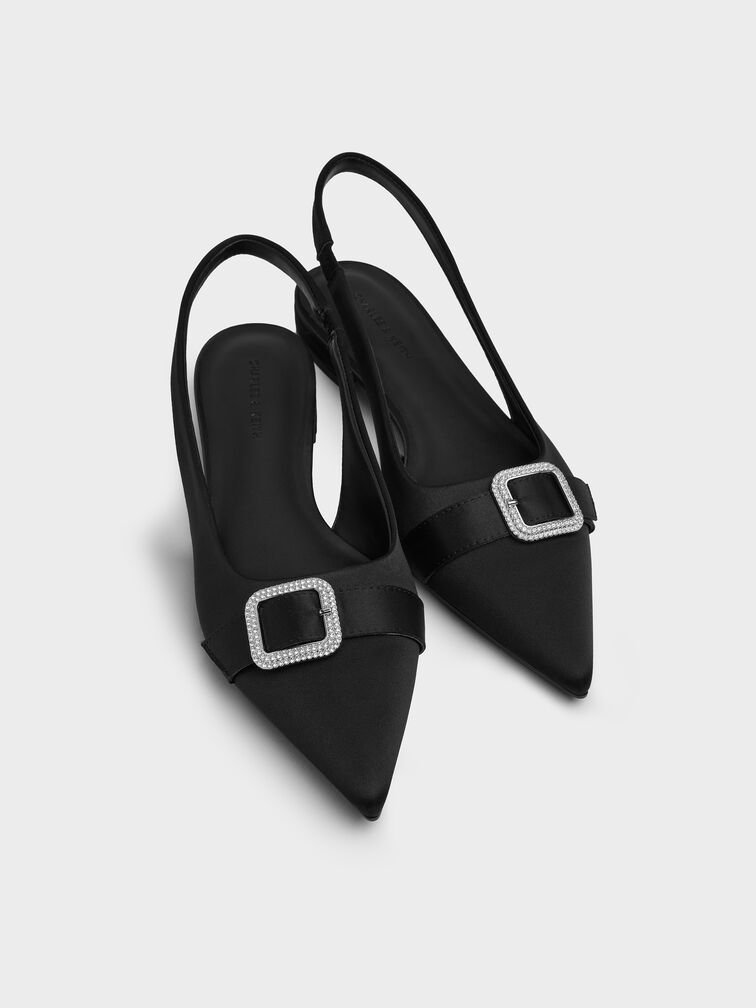 Satin Crystal-Buckle Pointed-Toe Slingback Flats, Black Textured, hi-res
