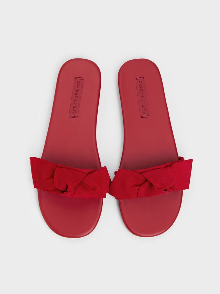 Anika Faux Suede Knot-Bow Slide Sandals, Red, hi-res