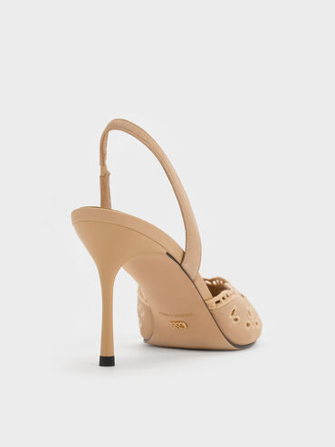 Leather Embroidered Pointed Slingback Pumps, Beige, hi-res