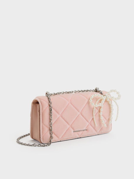 Paffuto Velvet Quilted Wallet On Chain, Pink, hi-res