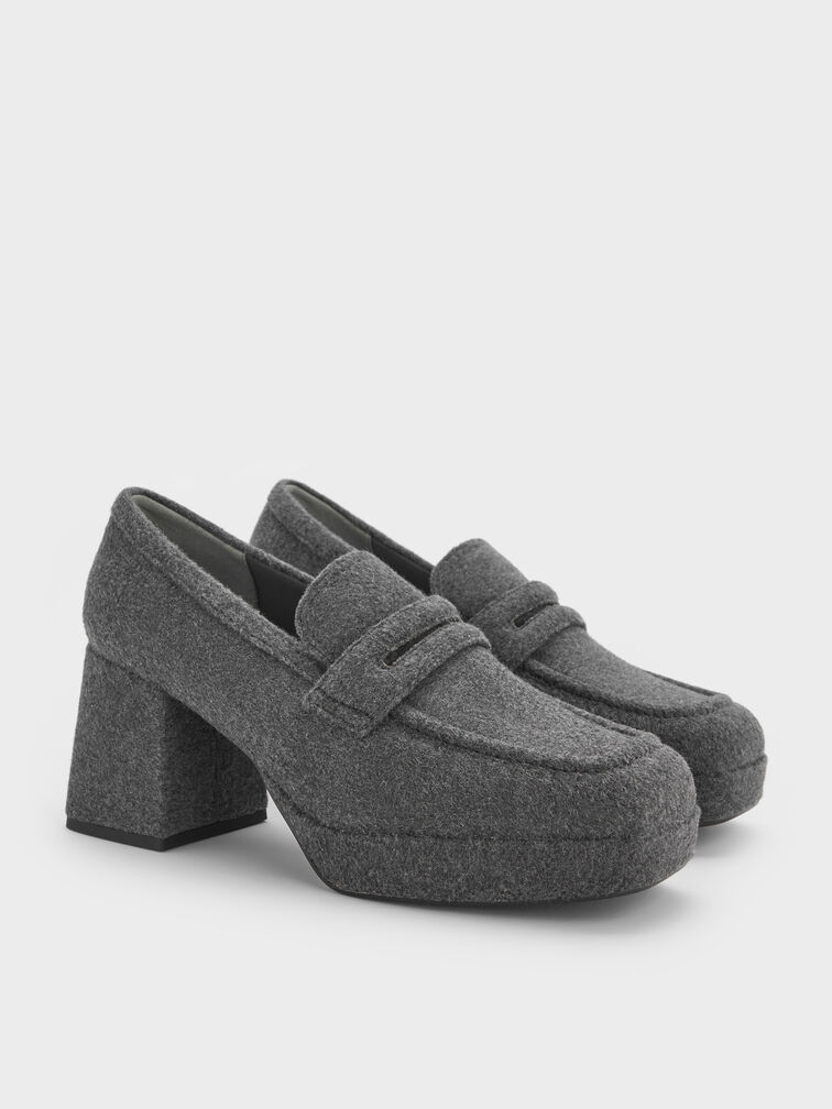 Felt Platform Block-Heel Loafer Pumps, Grey, hi-res