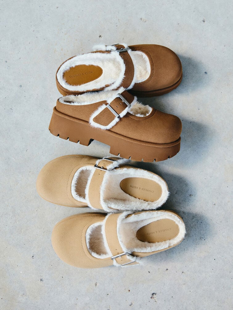 Bergen Textured Fur-Trim Buckled Platform Mules, Brown, hi-res